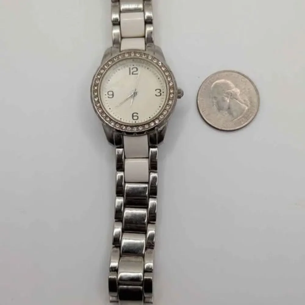 FMD FMDCT391 Women's Watch Silver Tone White Links Crystal Bezel NEW BATTERY